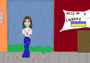 Dziewczynka z zapałkami i telefonem obok budynku z napisem "Razem z Ukrainą"